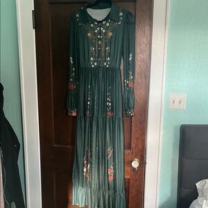 Floral Embroidered Green Maxi Dress